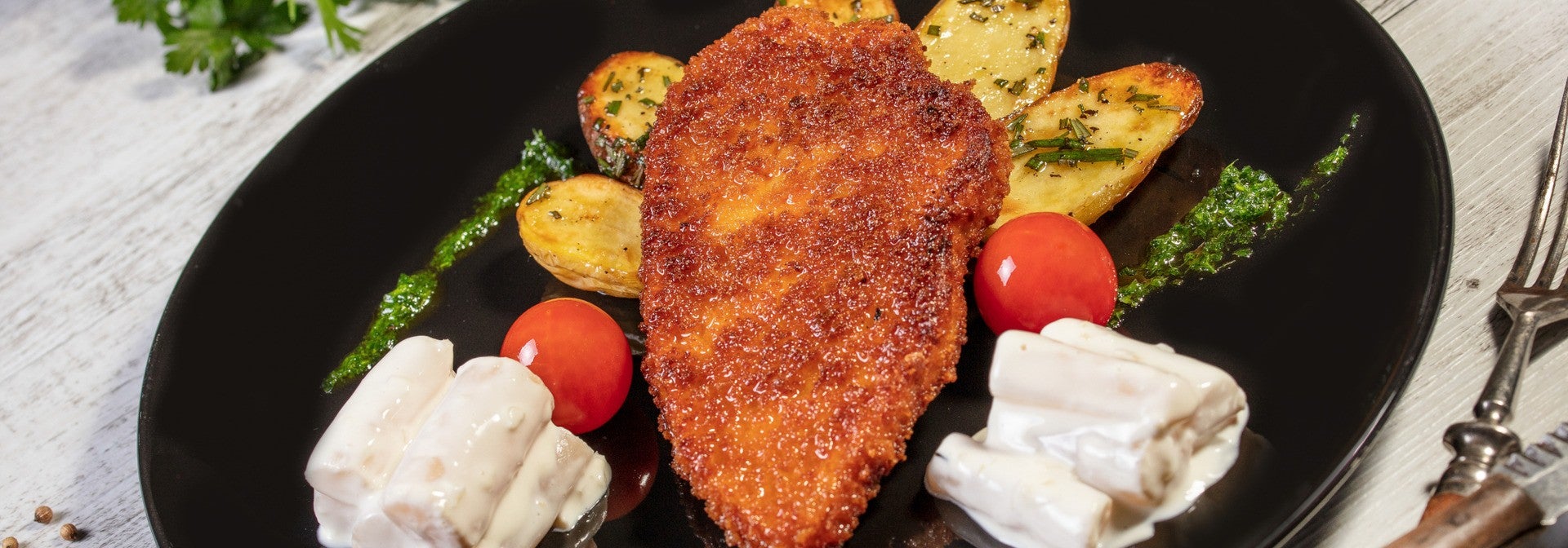 Vegetarische Schnitzel mit Rosmarindrillingen